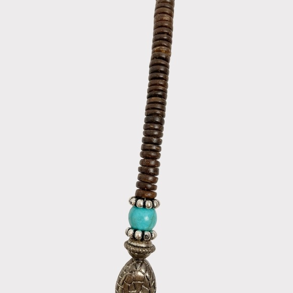 Turquoise and Silver Wood Bead Pendant Necklace - Picture 3 of 6